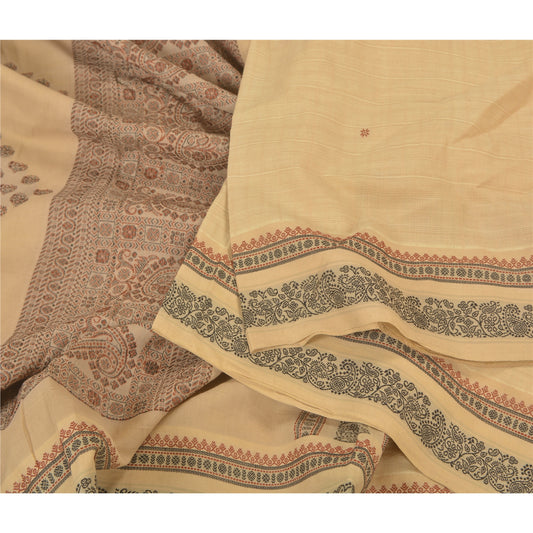 Sanskriti Vintage Beige Indian Sarees 100% Pure Cotton Woven Premium Sari Sustainable Fabric