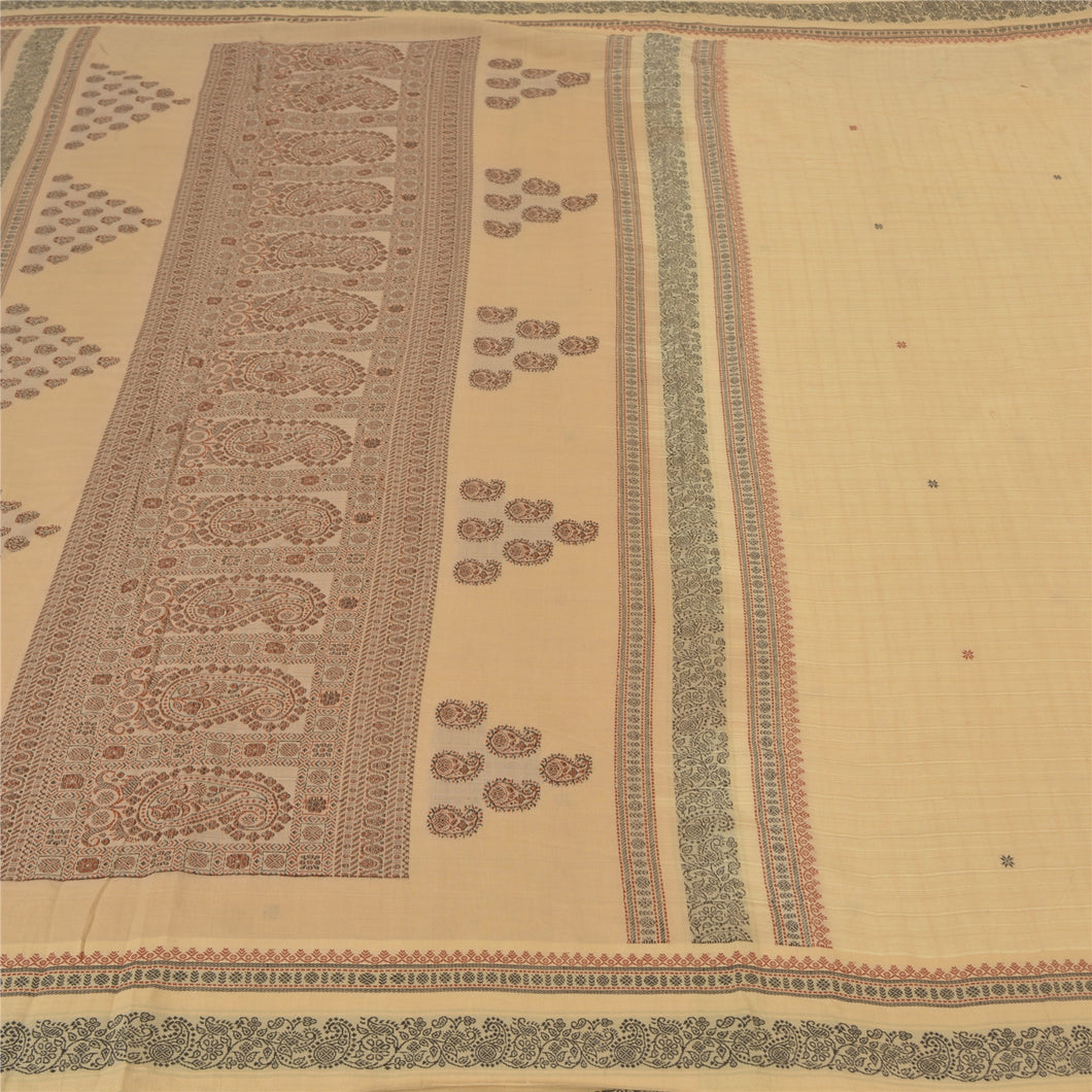 Sanskriti Vintage Beige Indian Sarees 100% Pure Cotton Woven Premium Sari Fabric