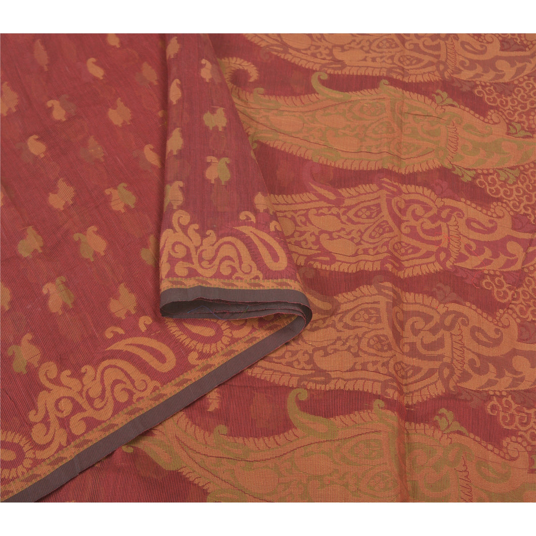 anskriti Vintage Dark Red Sarees Blend Cotton Hand-Woven Premium Sari Fabric