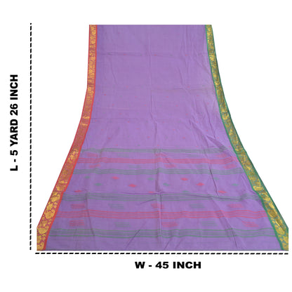 Sanskriti Vintage Purple Sarees Pure Cotton Hand-Woven Tant Sari Zari Sustainable Fabric