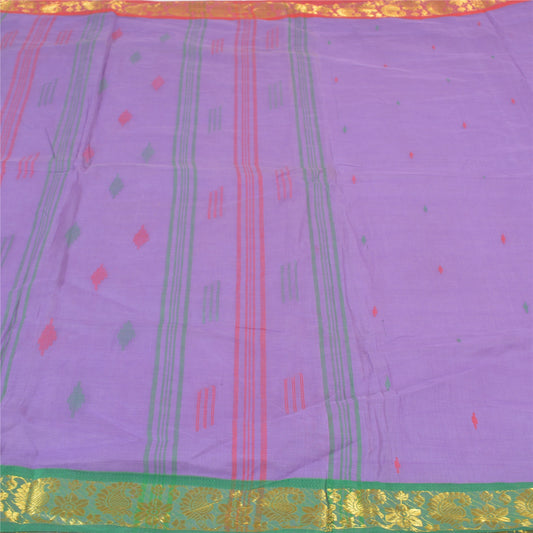 Sanskriti Vintage Purple Sarees Pure Cotton Hand-Woven Tant Sari Zari Sustainable Fabric