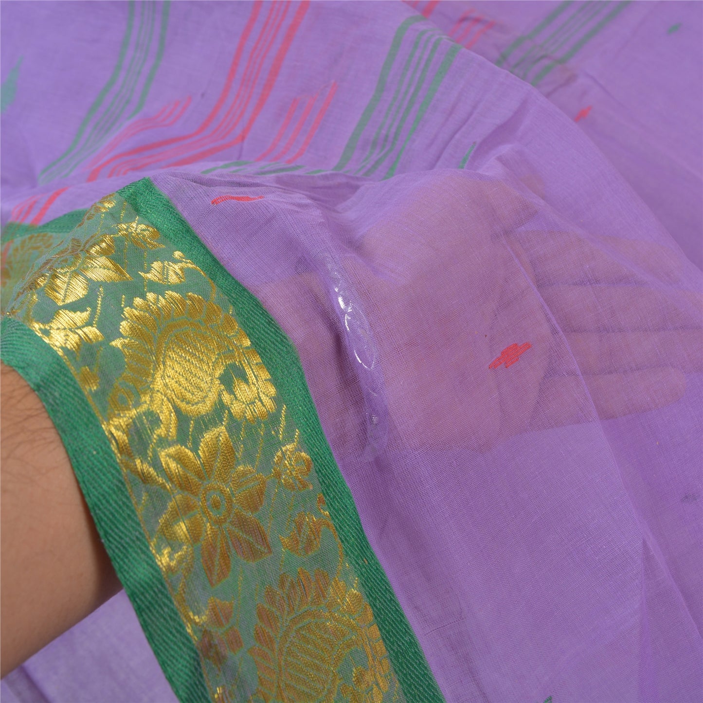 Sanskriti Vintage Purple Sarees Pure Cotton Hand-Woven Tant Sari Zari Sustainable Fabric