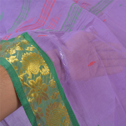 Sanskriti Vintage Purple Sarees Pure Cotton Hand-Woven Tant Sari Zari Sustainable Fabric