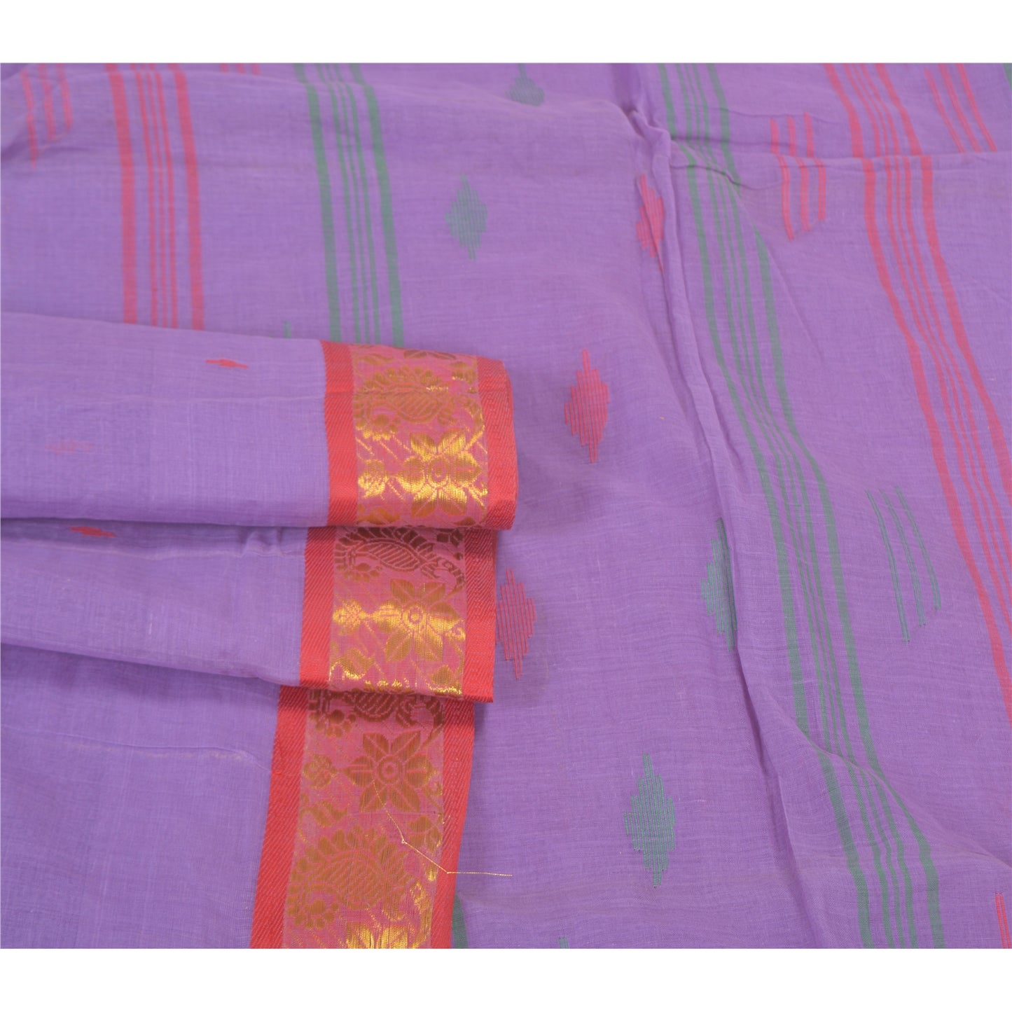 Sanskriti Vintage Purple Sarees Pure Cotton Hand-Woven Tant Sari Zari Sustainable Fabric
