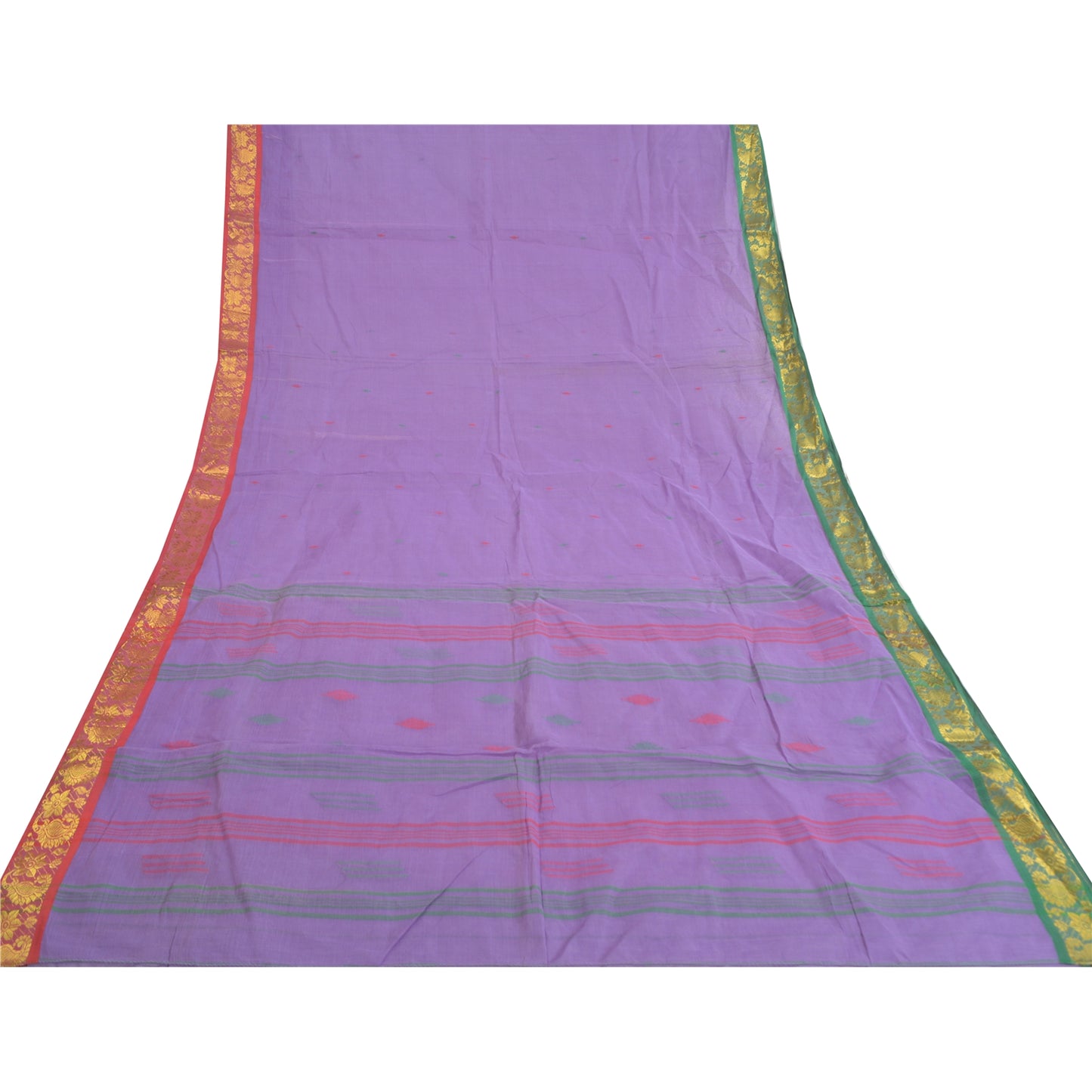 Sanskriti Vintage Purple Sarees Pure Cotton Hand-Woven Tant Sari Zari Sustainable Fabric