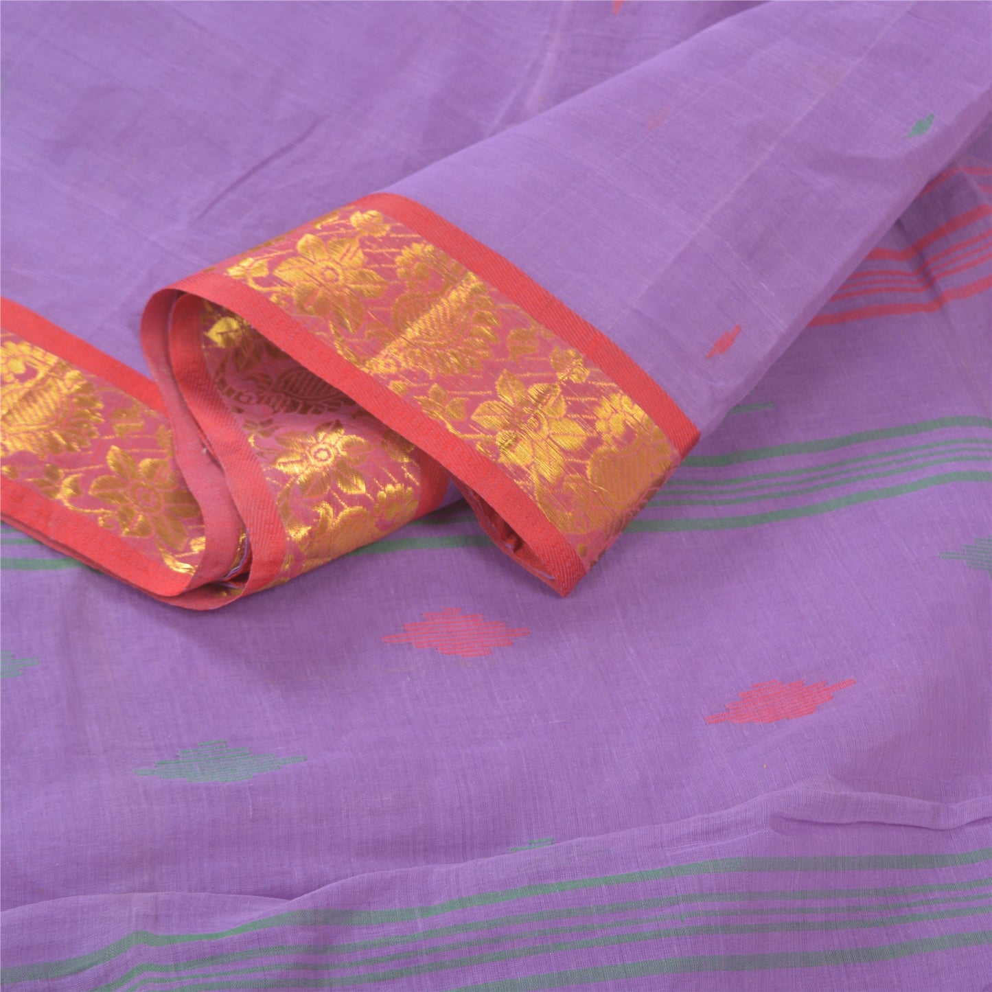 Sanskriti Vintage Purple Sarees Pure Cotton Hand-Woven Tant Sari Zari Sustainable Fabric