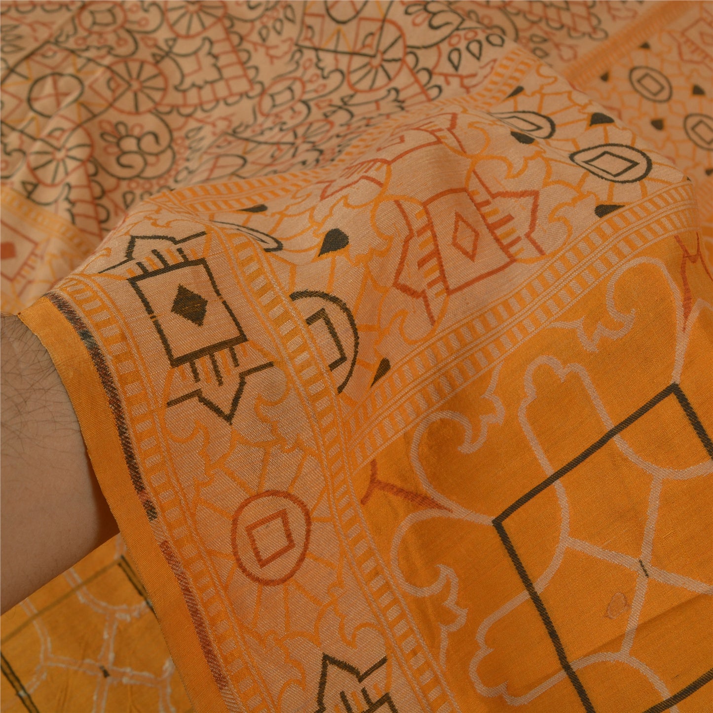 Sanskriti Vintage Saffron Sarees 100% Pure Silk Woven Premium Sari Craft Sustainable Fabric