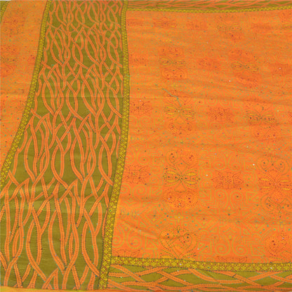 Sanskriti Vintage Saffron Sarees Pure Silk Hand Embroidered Kantha Sari Sustainable Fabric
