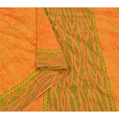 Sanskriti Vintage Saffron Sarees Pure Silk Hand Embroidered Kantha Sari Sustainable Fabric