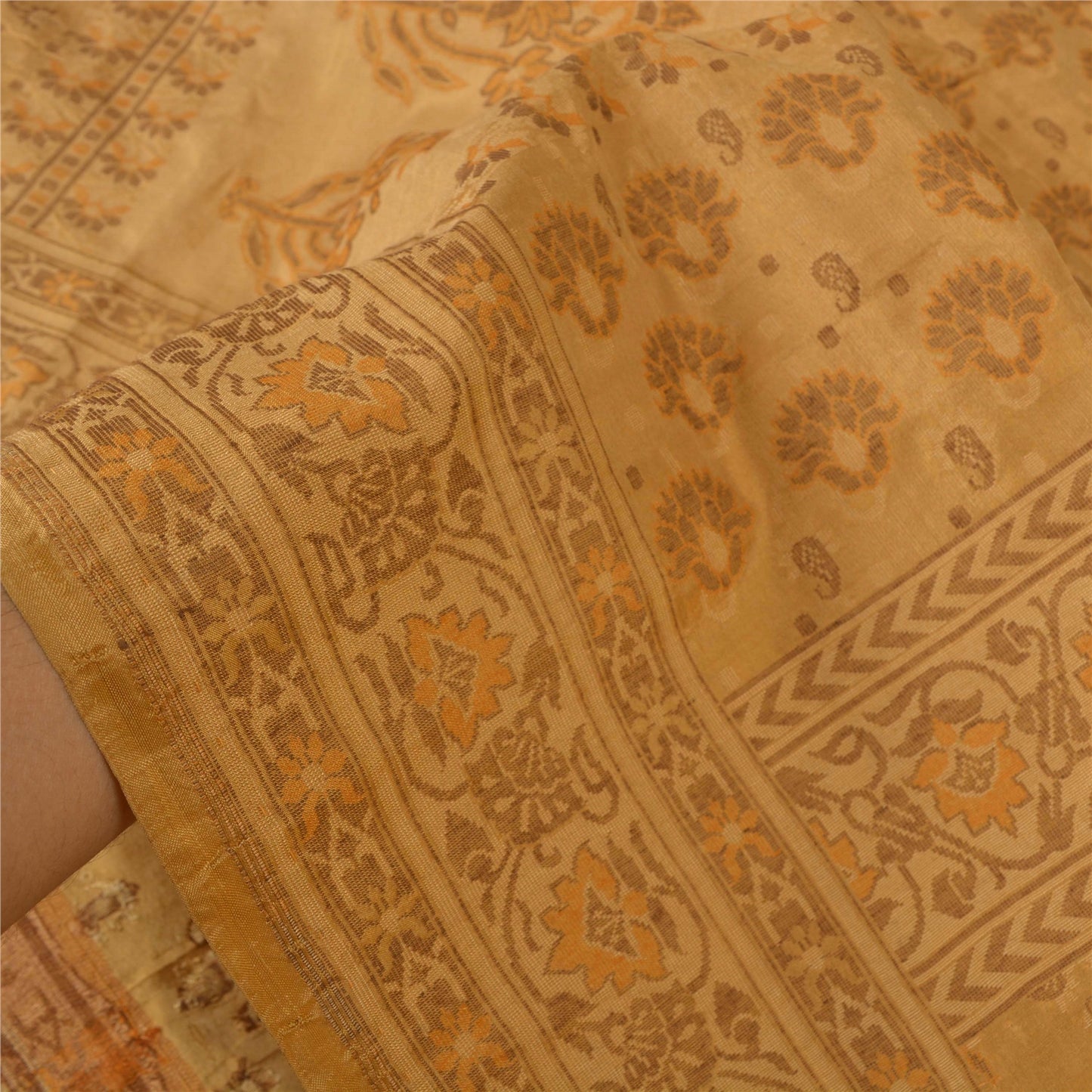 Sanskriti Vintage Beige Sarees 100% Pure Silk Hand-Woven Premium Sari Sustainable Fabric