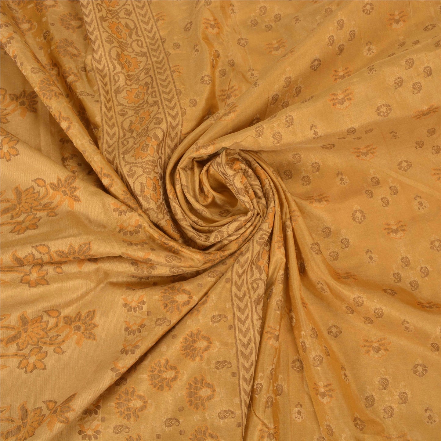 Sanskriti Vintage Beige Sarees 100% Pure Silk Hand-Woven Premium Sari Sustainable Fabric