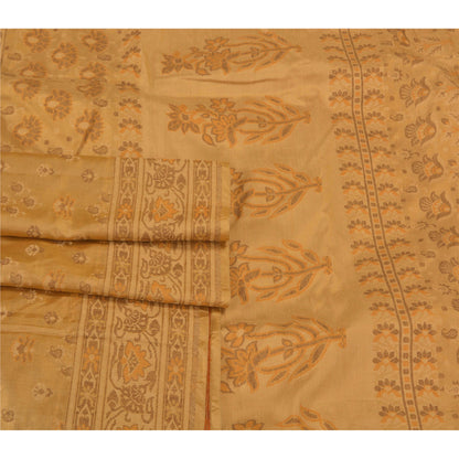 Sanskriti Vintage Beige Sarees 100% Pure Silk Hand-Woven Premium Sari Sustainable Fabric