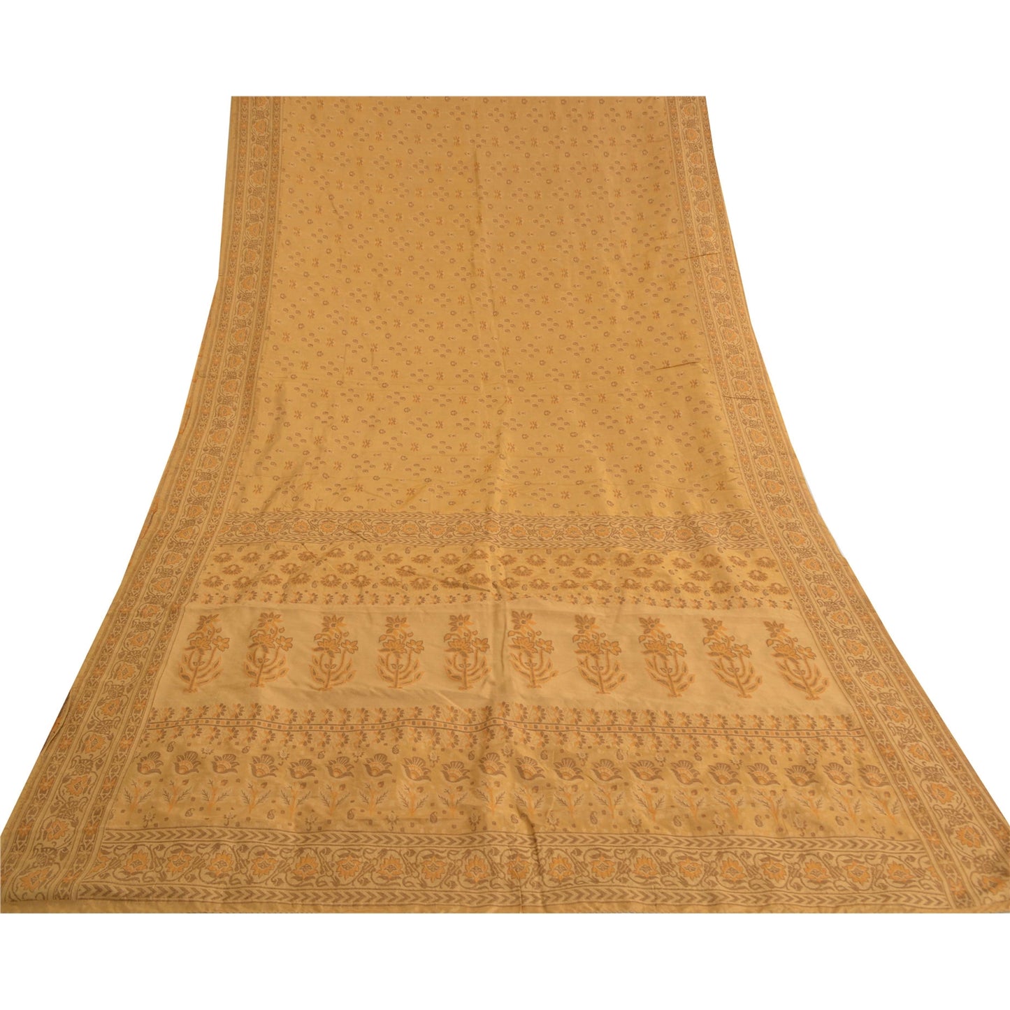 Sanskriti Vintage Beige Sarees 100% Pure Silk Hand-Woven Premium Sari Sustainable Fabric