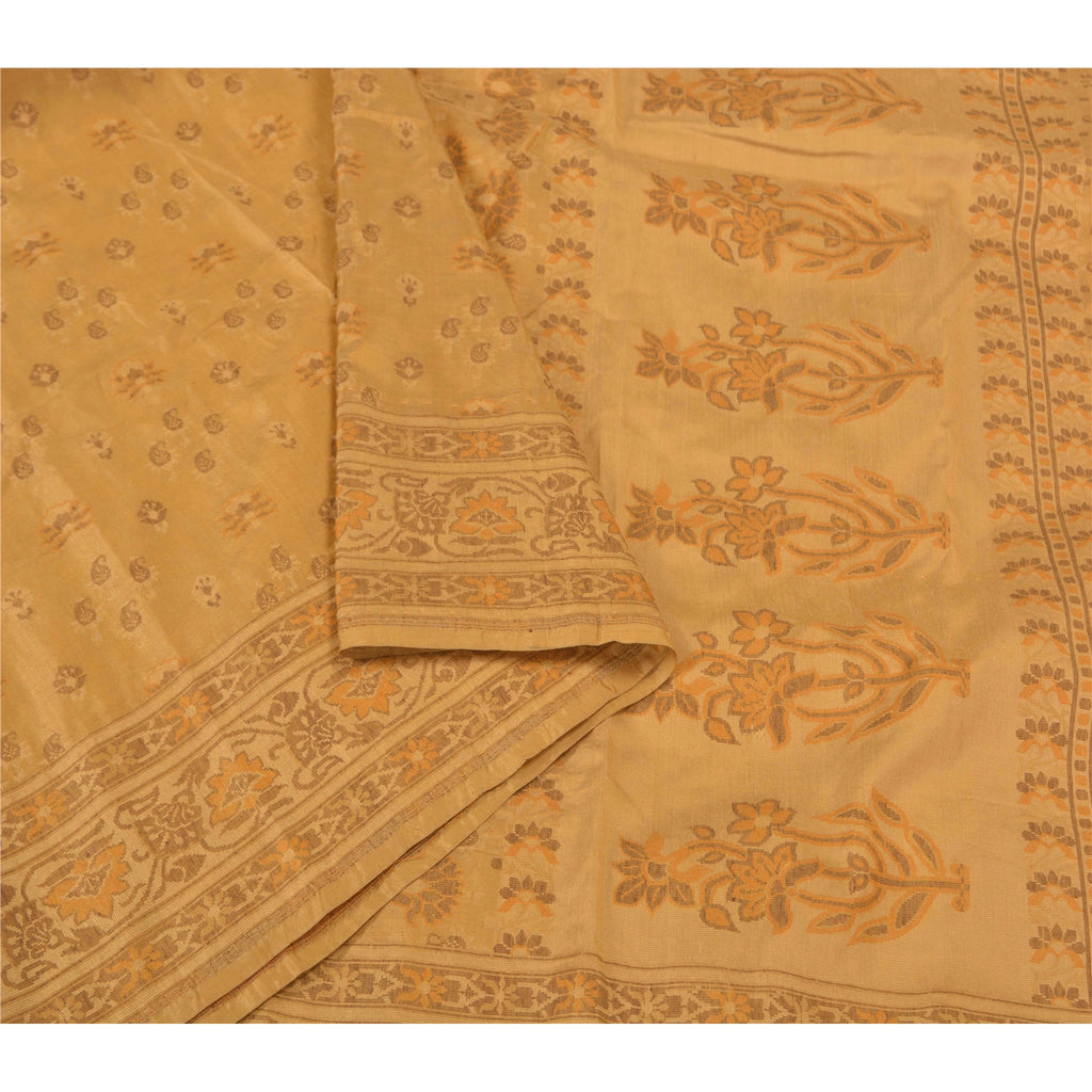 Sanskriti Vintage Beige Sarees 100% Pure Silk Hand-Woven Premium Sari Sustainable Fabric