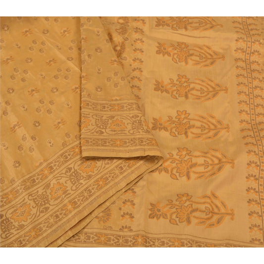 Sanskriti Vintage Beige Sarees 100% Pure Silk Hand-Woven Premium Sari Sustainable Fabric