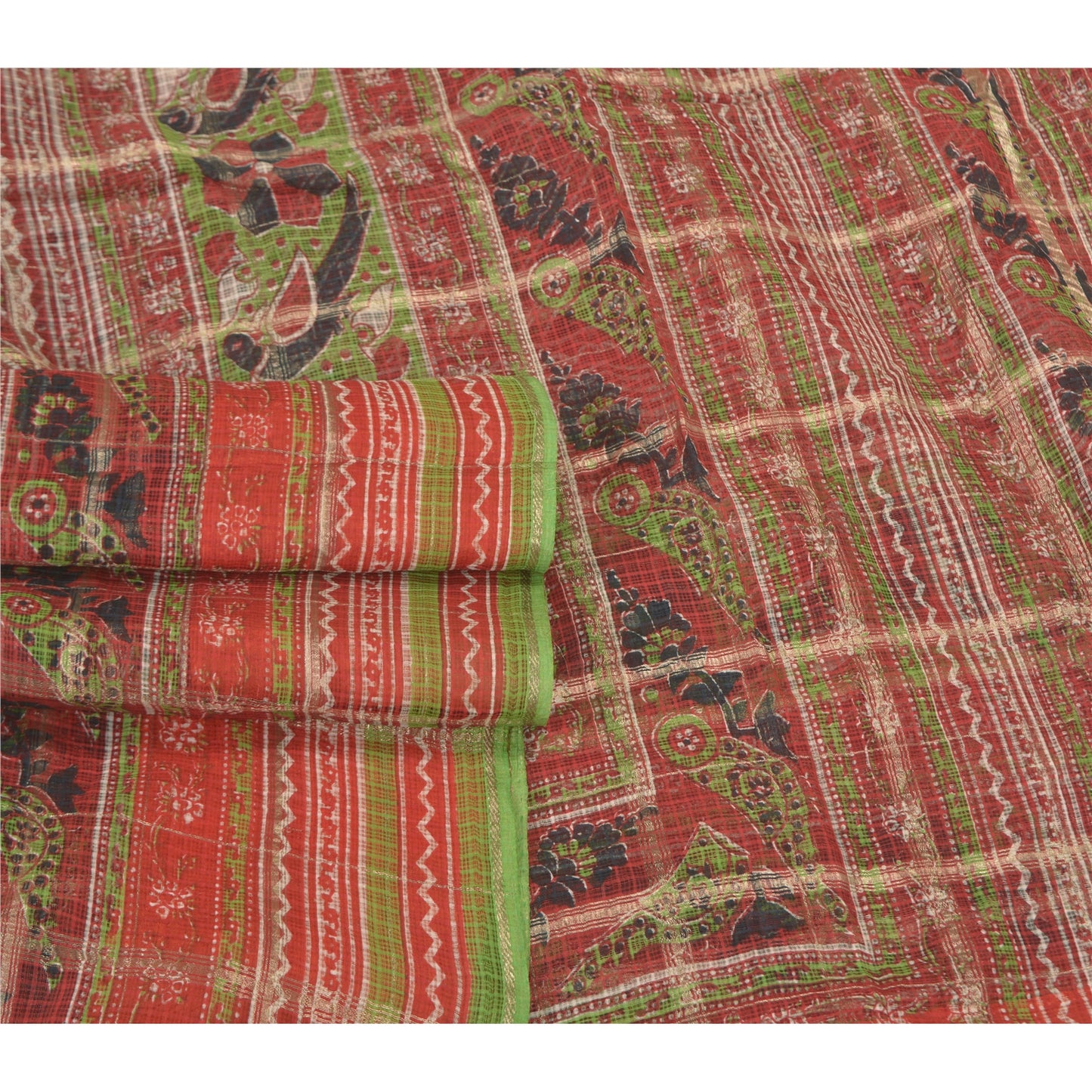 Sanskriti Vintage Red Sarees Pure Cotton Animal Printed Woven Kota Sari Sustainable Fabric