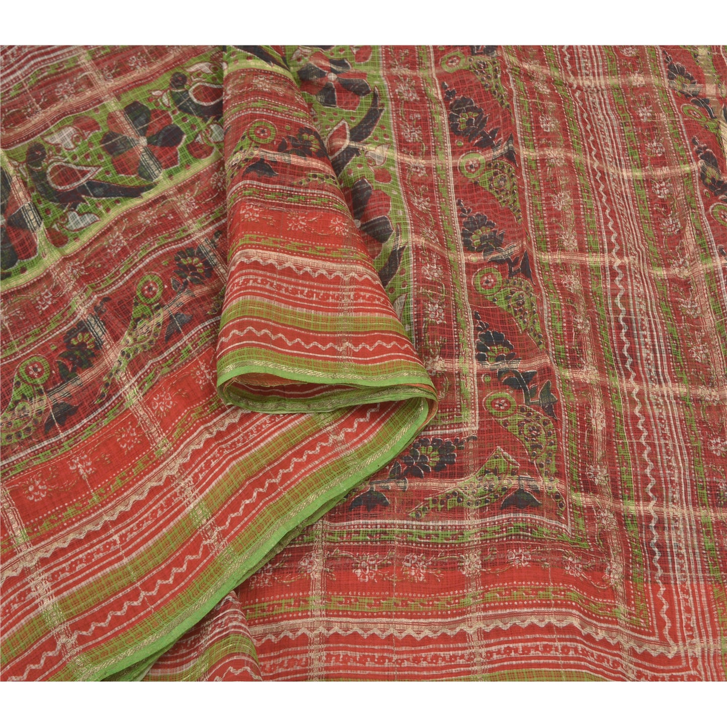 Sanskriti Vintage Red Sarees Pure Cotton Animal Printed Woven Kota Sari Sustainable Fabric