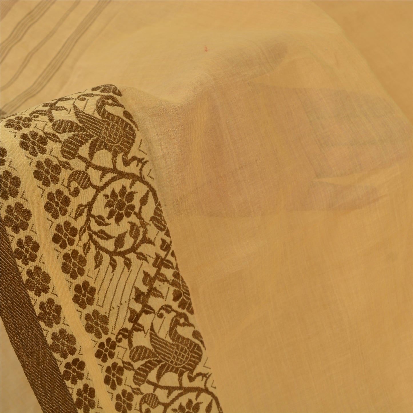 Sanskriti Vintage Fawn Sarees 100% Pure Cotton Woven Peacock Premium Sari Sustainable Fabric