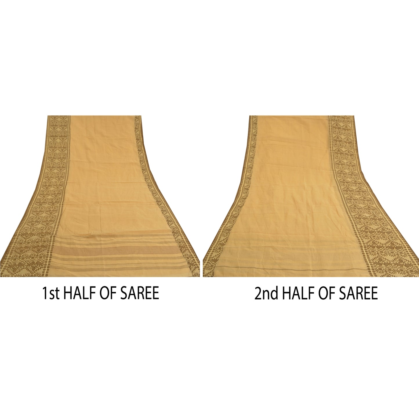 Sanskriti Vintage Fawn Sarees 100% Pure Cotton Woven Peacock Premium Sari Sustainable Fabric