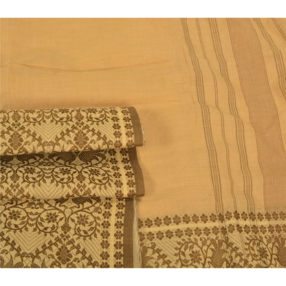 Sanskriti Vintage Fawn Sarees 100% Pure Cotton Woven Peacock Premium Sari Sustainable Fabric