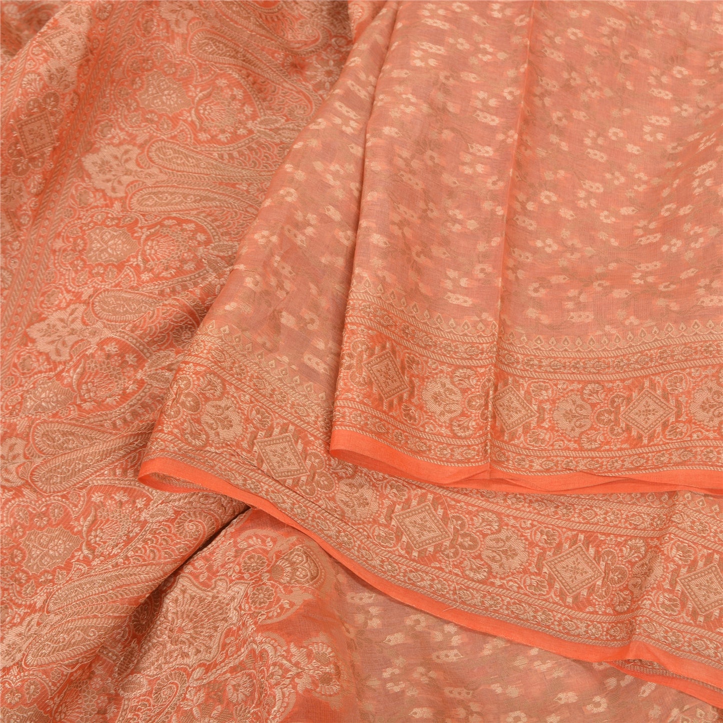Sanskriti Vintage Peach Sarees 100% Pure Silk Hand-Woven Premium Sari Sustainable Fabric