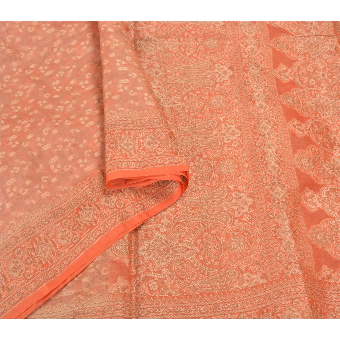 Sanskriti Vintage Peach Sarees 100% Pure Silk Hand-Woven Premium Sari Sustainable Fabric