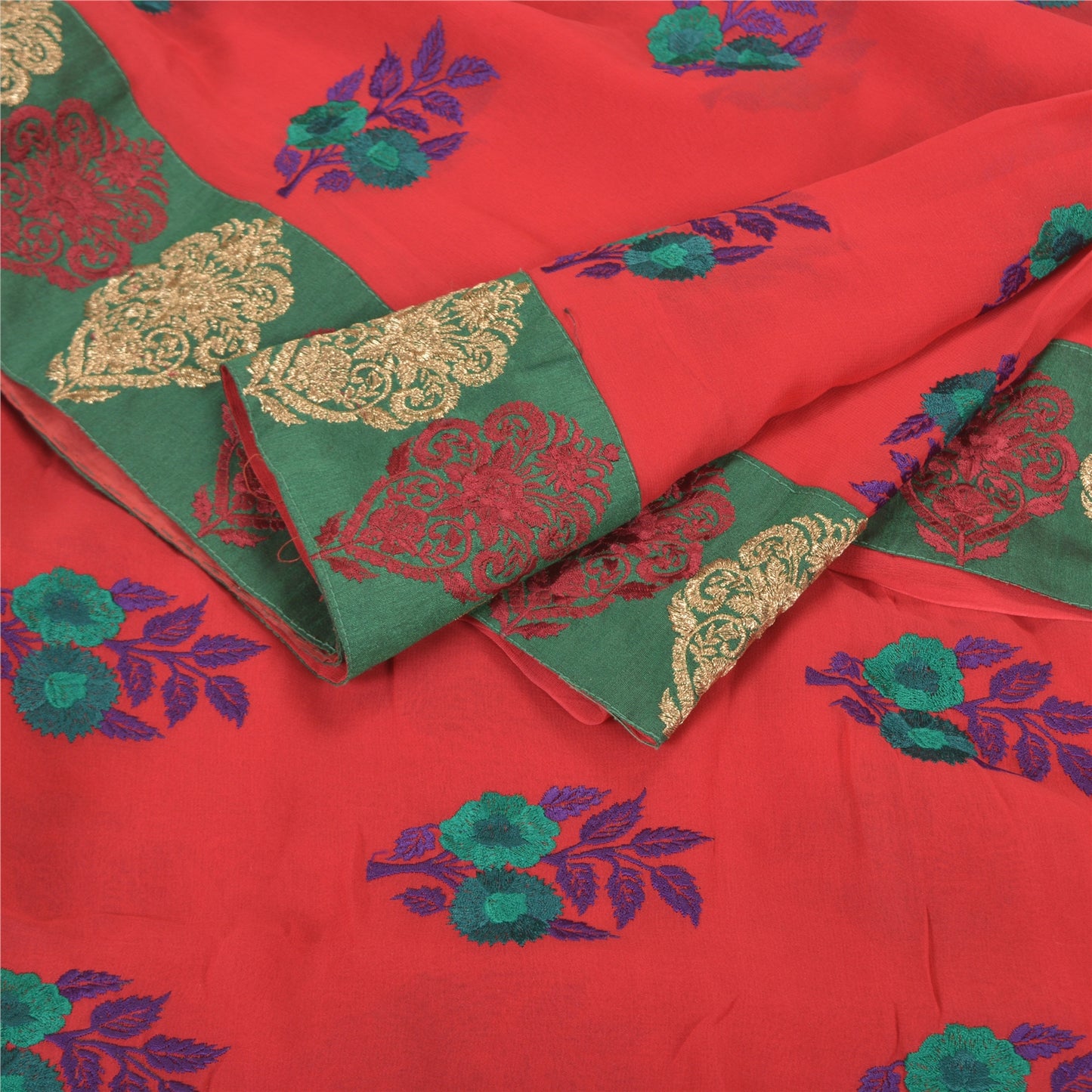 Sanskriti Vintage Red Sarees Blend Georgette Embroidered Cultural Sari Sustainable Fabric