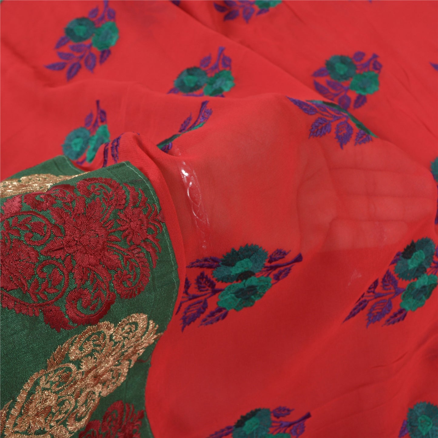Sanskriti Vintage Red Sarees Blend Georgette Embroidered Cultural Sari Sustainable Fabric