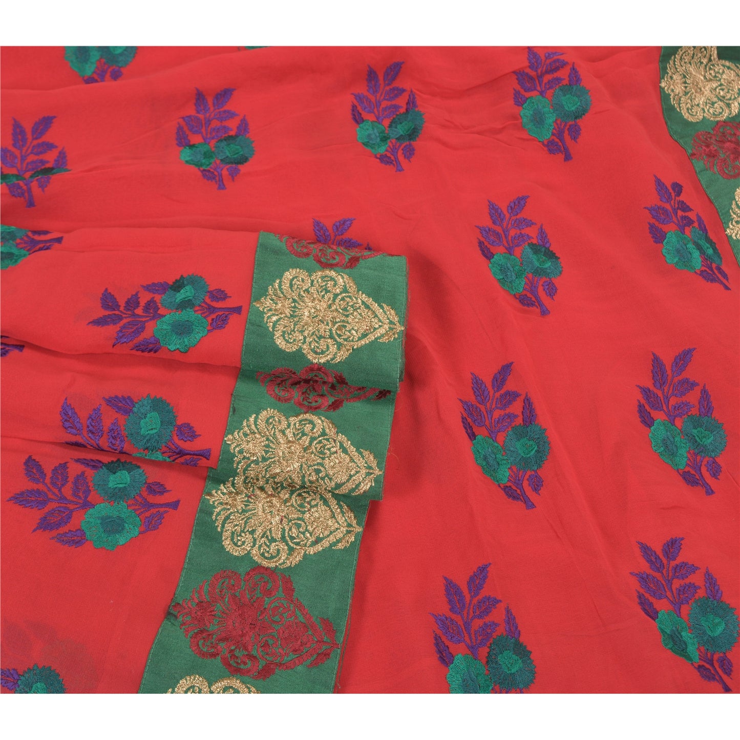 Sanskriti Vintage Red Sarees Blend Georgette Embroidered Cultural Sari Sustainable Fabric