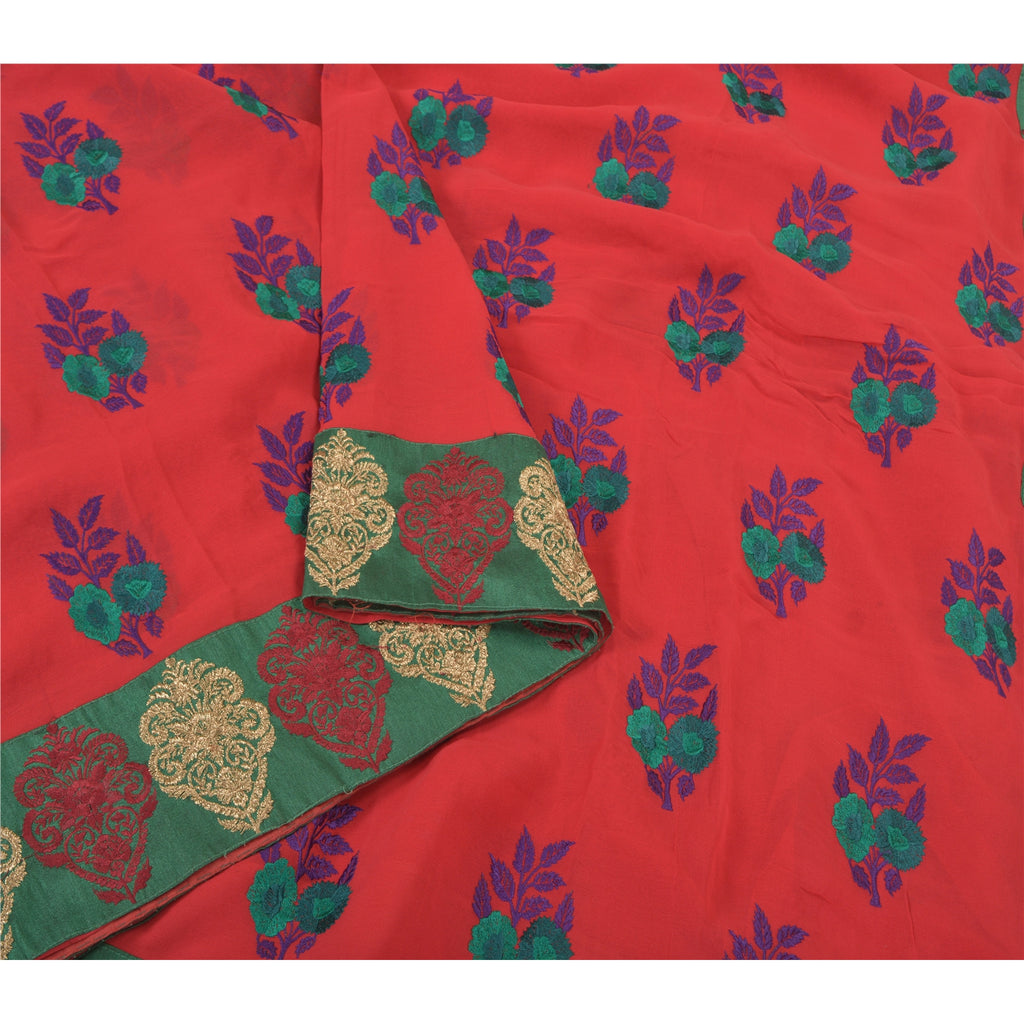 Sanskriti Vintage Red Sarees Blend Georgette Embroidered Cultural Sari Sustainable Fabric
