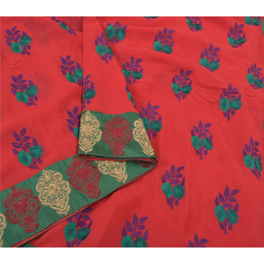 Sanskriti Vintage Red Sarees Blend Georgette Embroidered Cultural Sari Sustainable Fabric