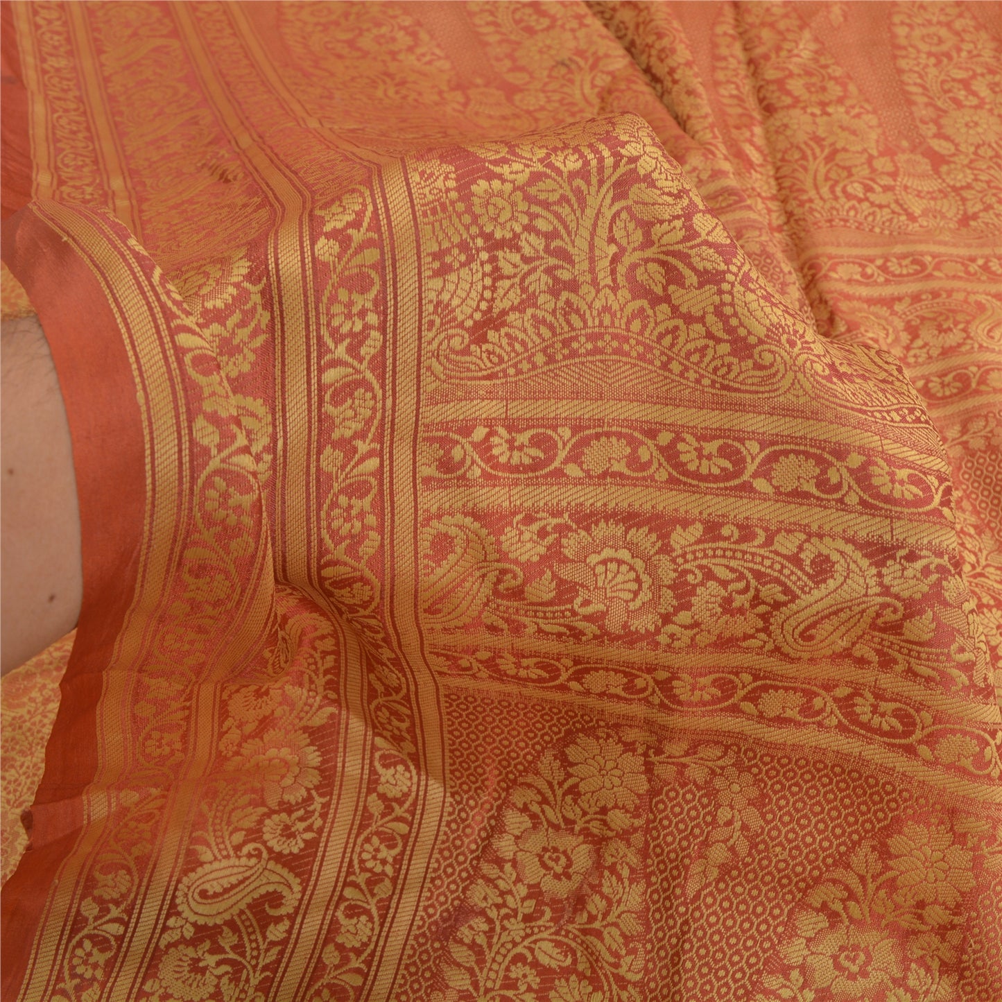 Sanskriti Vintage Orange Indian Sarees Art Silk Woven Sari Craft 5 Yard Sustainable Fabric