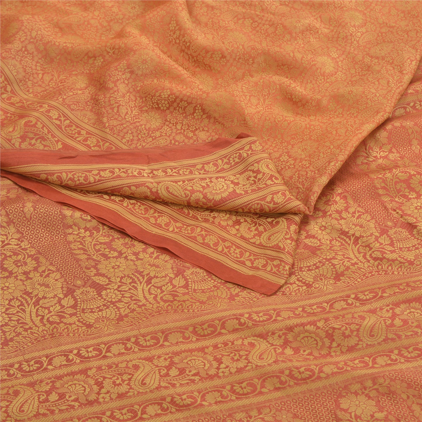 Sanskriti Vintage Orange Indian Sarees Art Silk Woven Sari Craft 5 Yard Sustainable Fabric