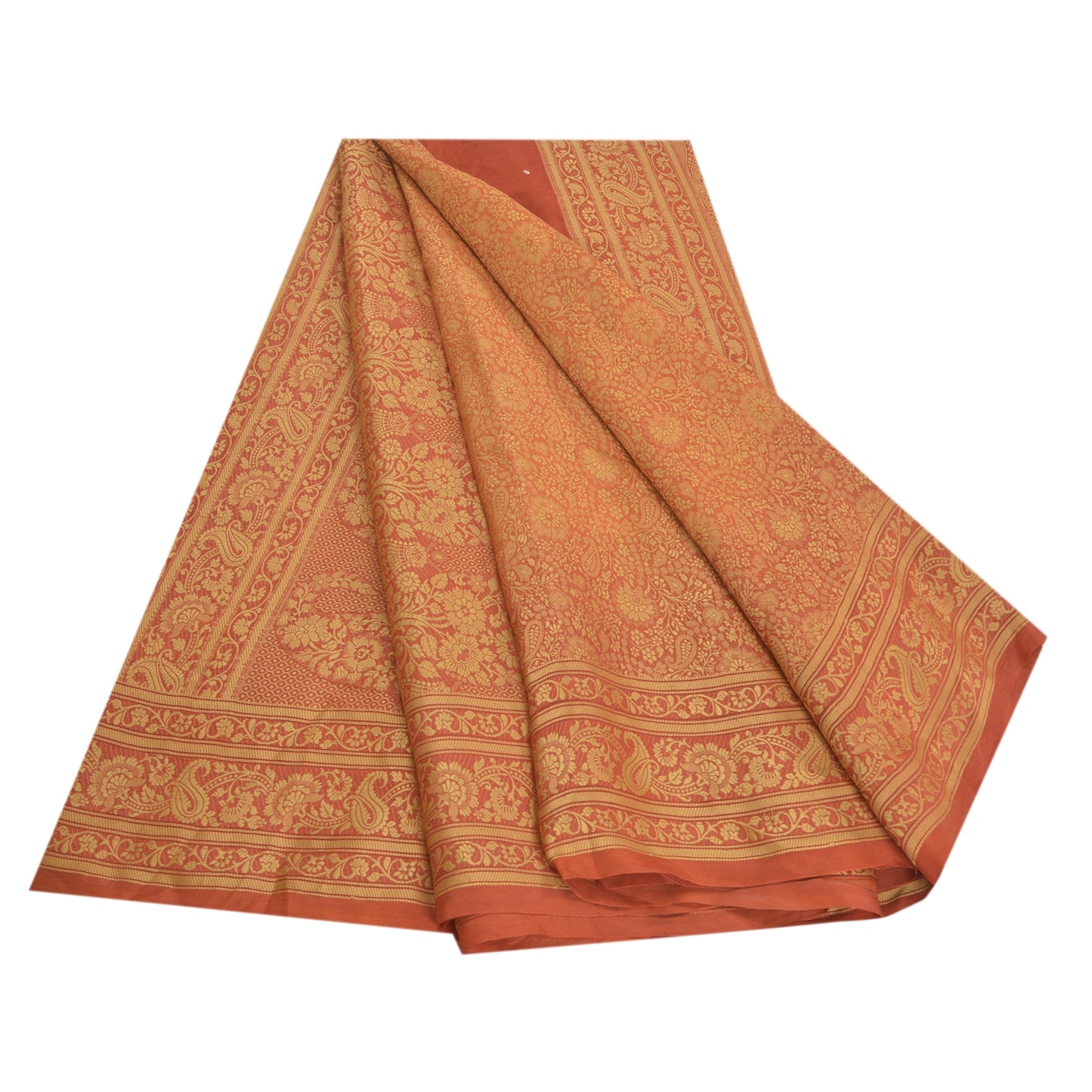Sanskriti Vintage Orange Indian Sarees Art Silk Woven Sari Craft 5 Yard Sustainable Fabric