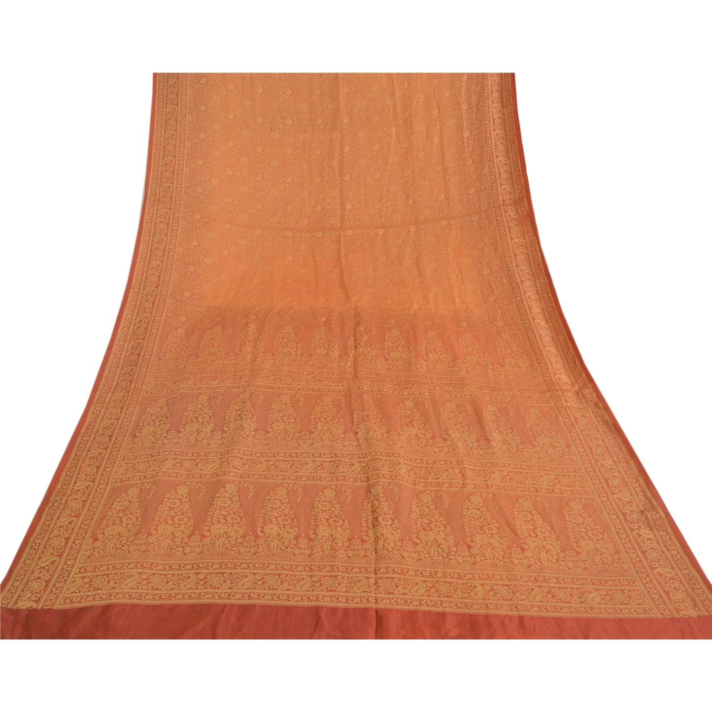Sanskriti Vintage Orange Indian Sarees Art Silk Woven Sari Craft 5 Yard Sustainable Fabric