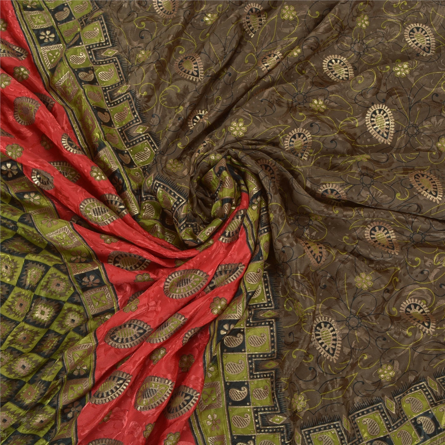 Санскритские винтажные коричневые индийские сари из искусственного шелка с принтом, премиальная ткань для сари из экологически чистой ткани