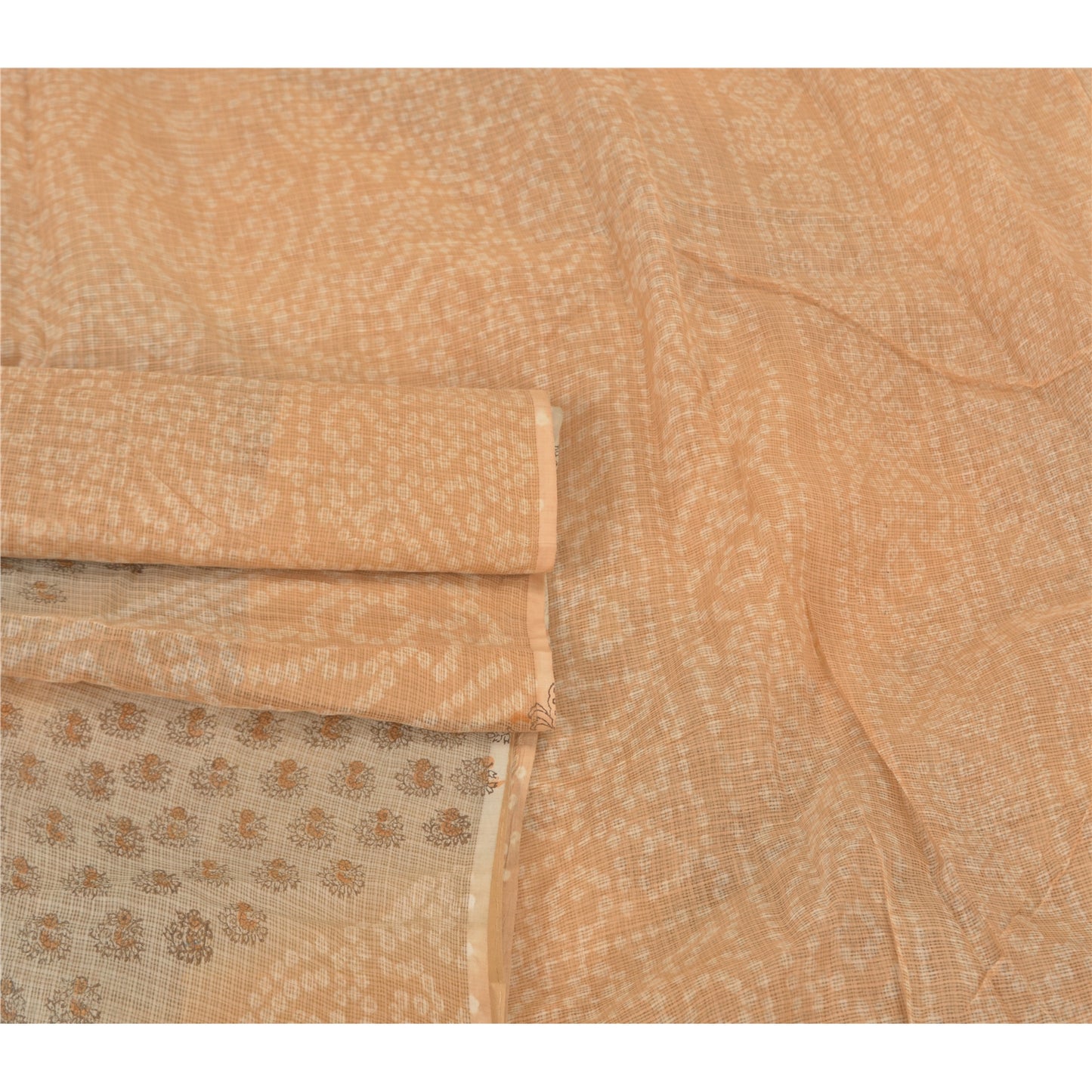 Санскритское винтажное персиковое индийское сари из чистого шелка Бандхани с принтом Кота Сари Экологичная ткань