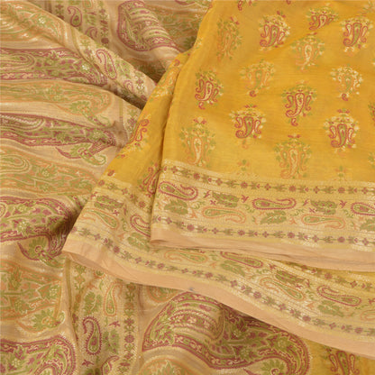 Sanskriti Vintage Yellow Sarees 100% Pure Silk Woven Premium Sari Craft Sustainable Fabric