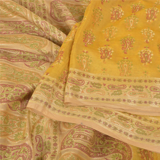 Sanskriti Vintage Yellow Sarees 100% Pure Silk Woven Premium Sari Craft Sustainable Fabric