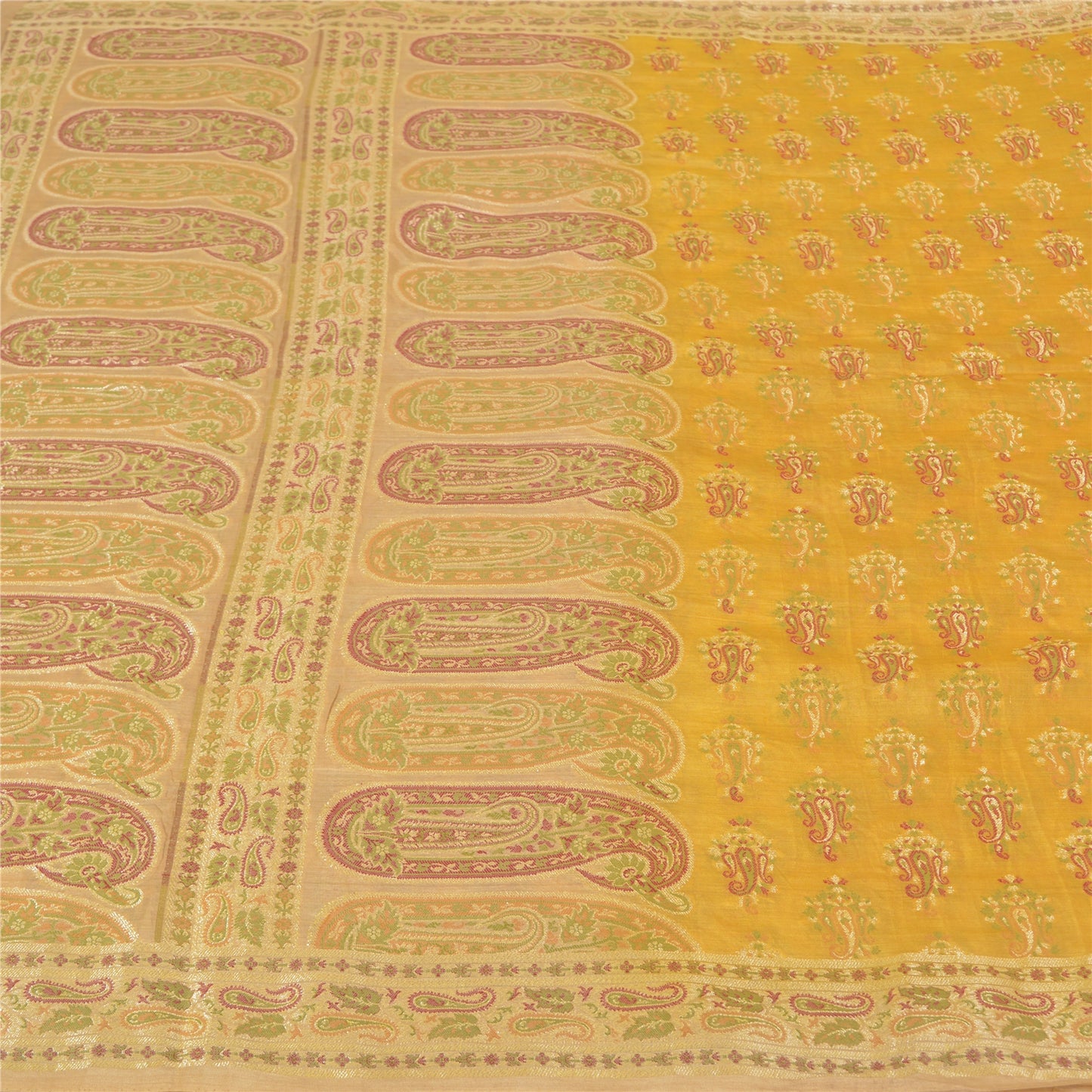 Sanskriti Vintage Yellow Sarees 100% Pure Silk Woven Premium Sari Craft Sustainable Fabric