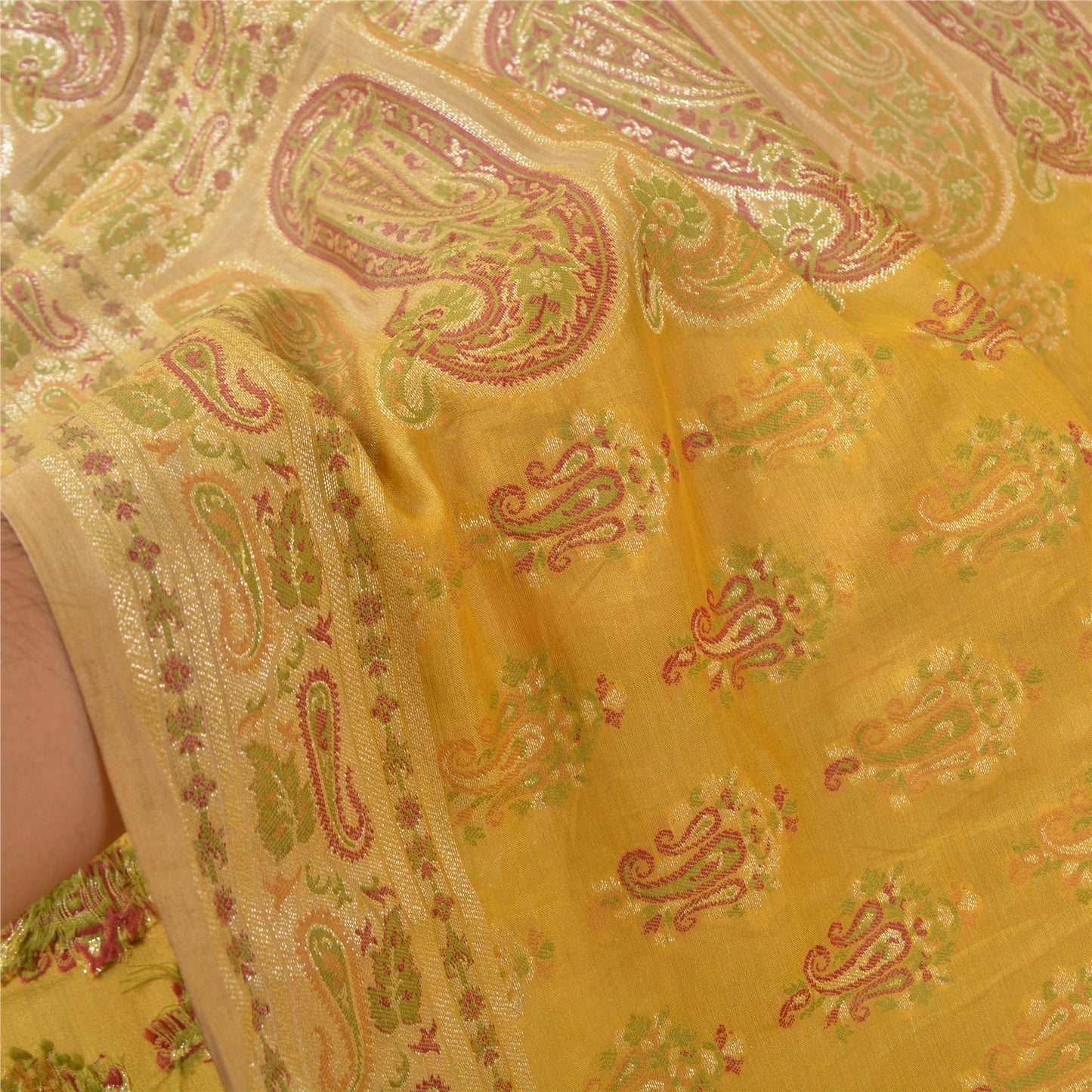 Sanskriti Vintage Yellow Sarees 100% Pure Silk Woven Premium Sari Craft Sustainable Fabric