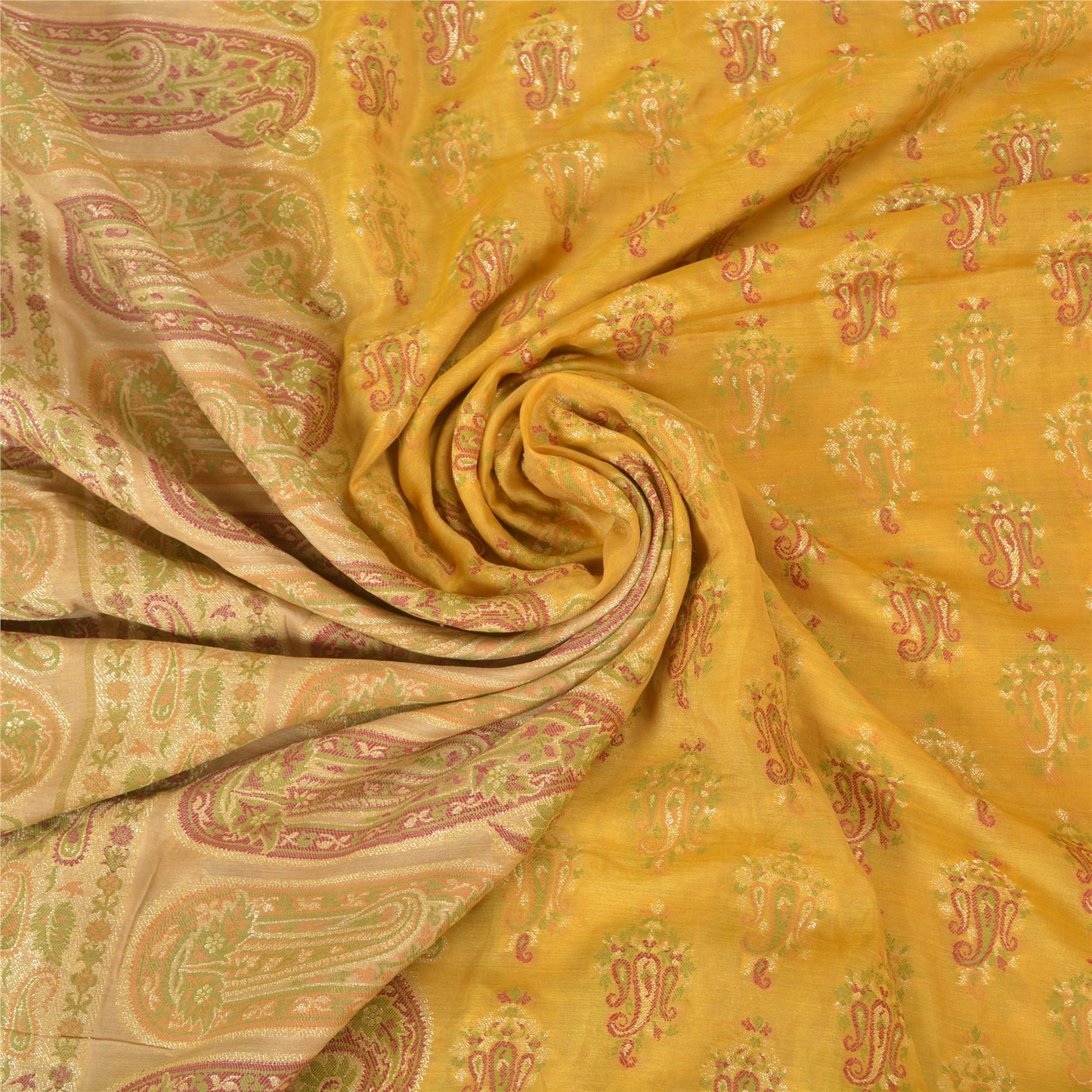 Sanskriti Vintage Yellow Sarees 100% Pure Silk Woven Premium Sari Craft Sustainable Fabric