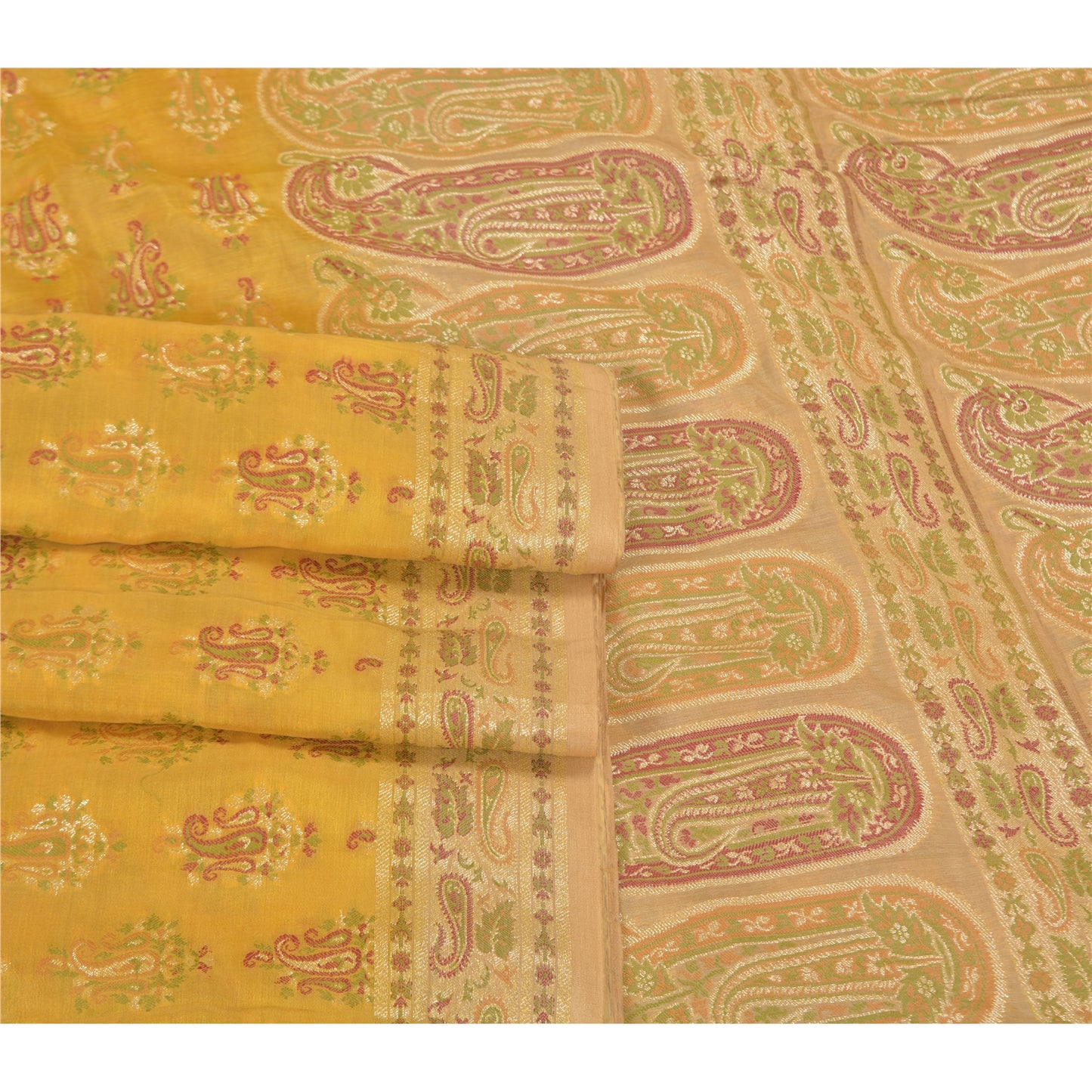 Sanskriti Vintage Yellow Sarees 100% Pure Silk Woven Premium Sari Craft Sustainable Fabric