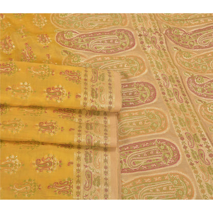 Sanskriti Vintage Yellow Sarees 100% Pure Silk Woven Premium Sari Craft Sustainable Fabric