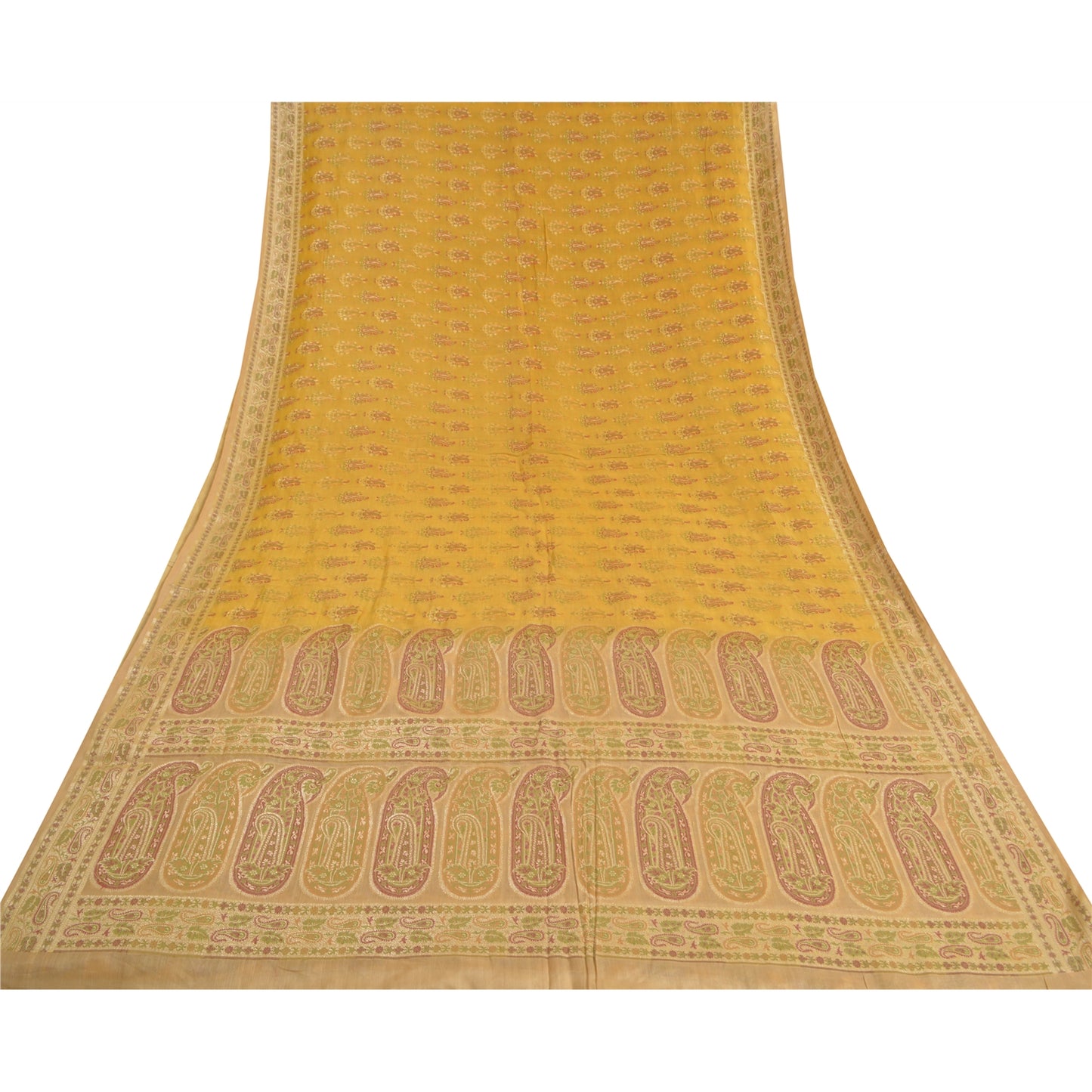Sanskriti Vintage Yellow Sarees 100% Pure Silk Woven Premium Sari Craft Sustainable Fabric