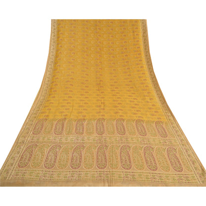 Sanskriti Vintage Yellow Sarees 100% Pure Silk Woven Premium Sari Craft Sustainable Fabric