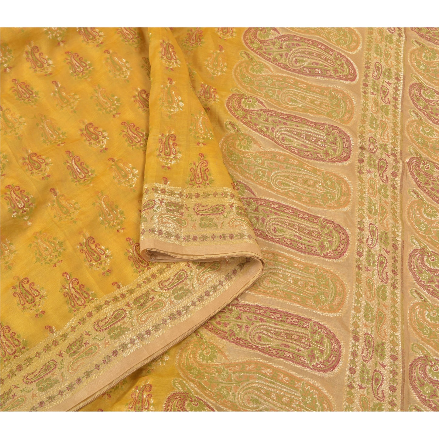 Sanskriti Vintage Yellow Sarees 100% Pure Silk Woven Premium Sari Craft Sustainable Fabric