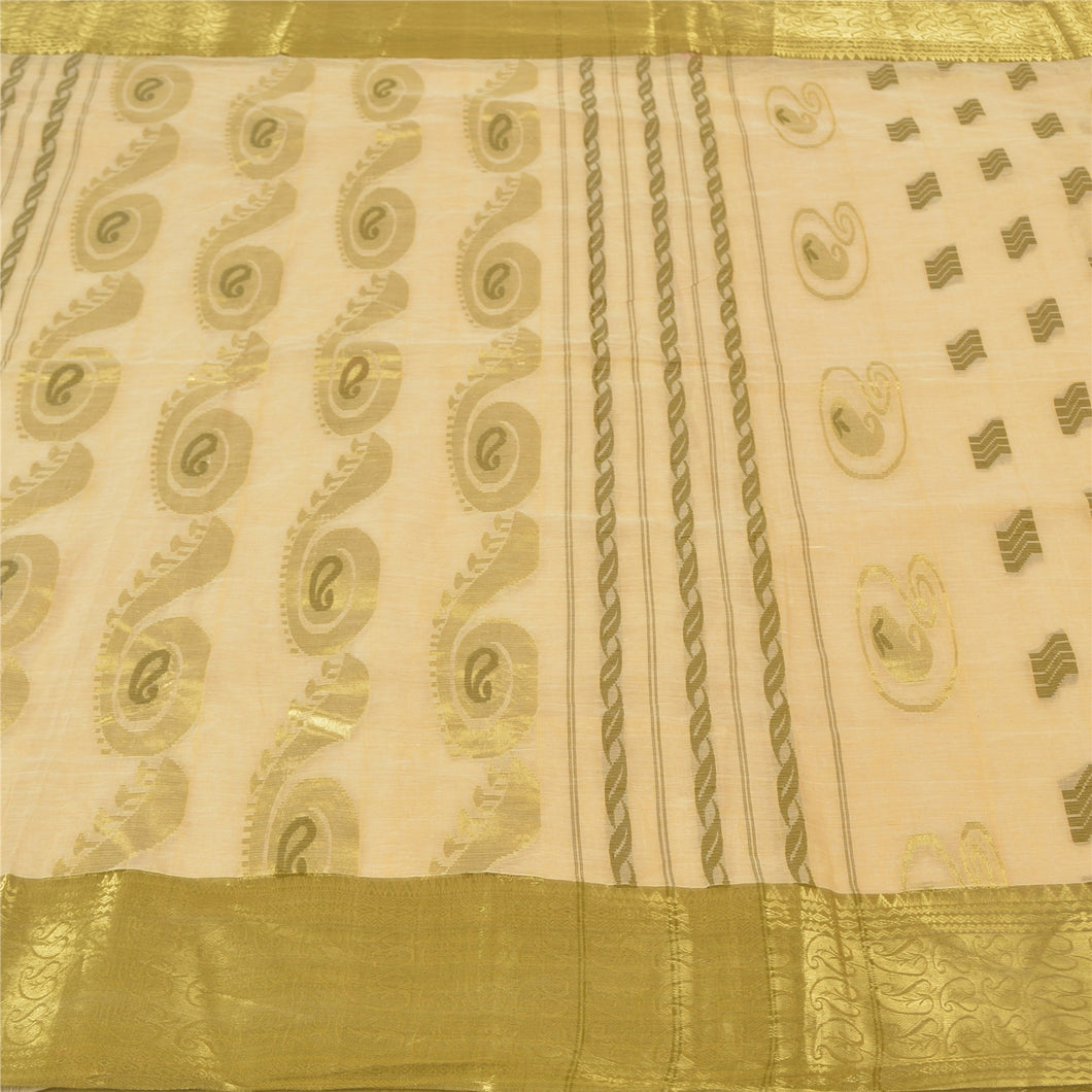 Sanskriti Vintage Cream Sarees 100% Pure Cotton Woven Zari Premium Sari Fabric