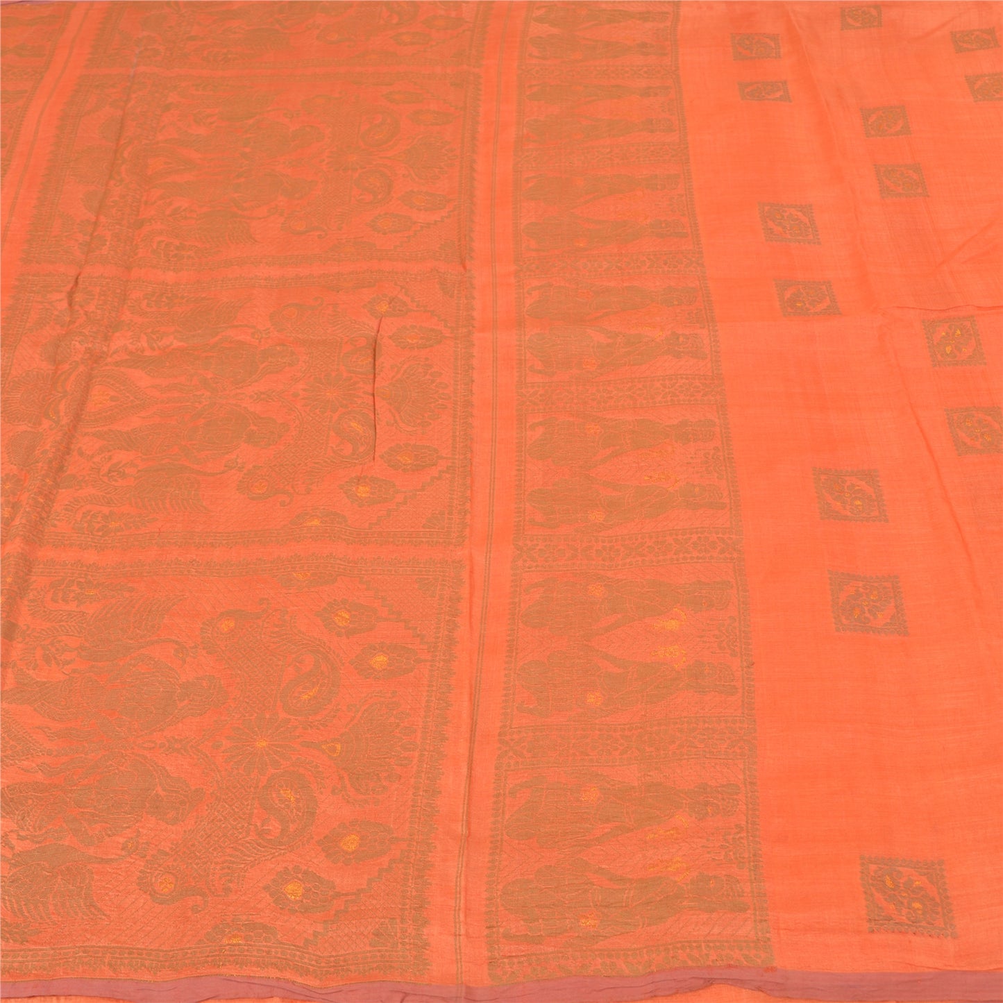 Sanskriti Vintage Orange Sarees 100% Pure Silk Woven Baluchari Sari Craft Sustainable Fabric