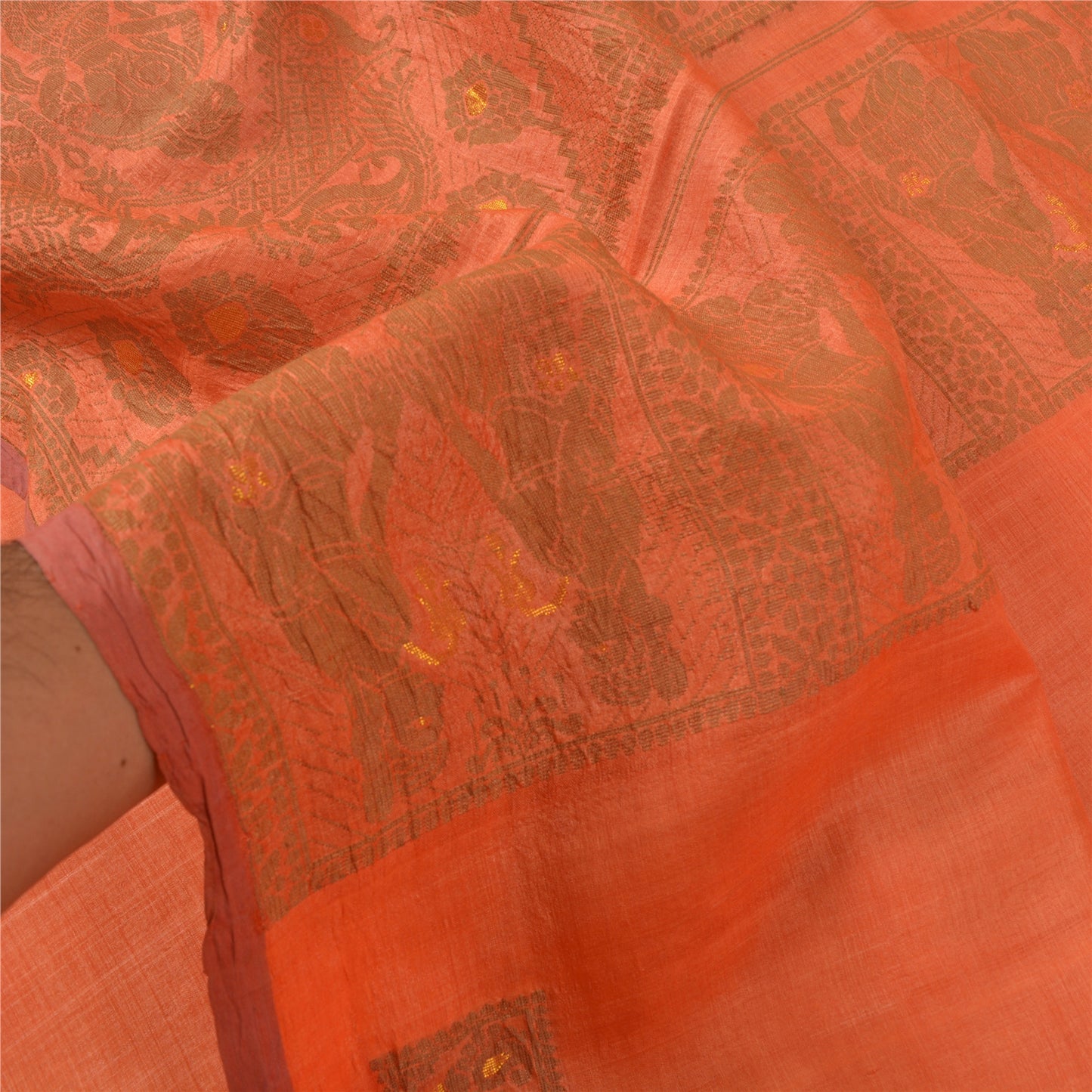 Sanskriti Vintage Orange Sarees 100% Pure Silk Woven Baluchari Sari Craft Sustainable Fabric